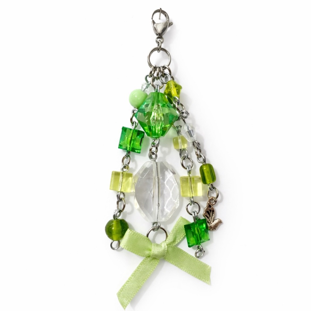 Green Beaded Bow Bird Charm - Keychain Bag Charm Zipper Pull
